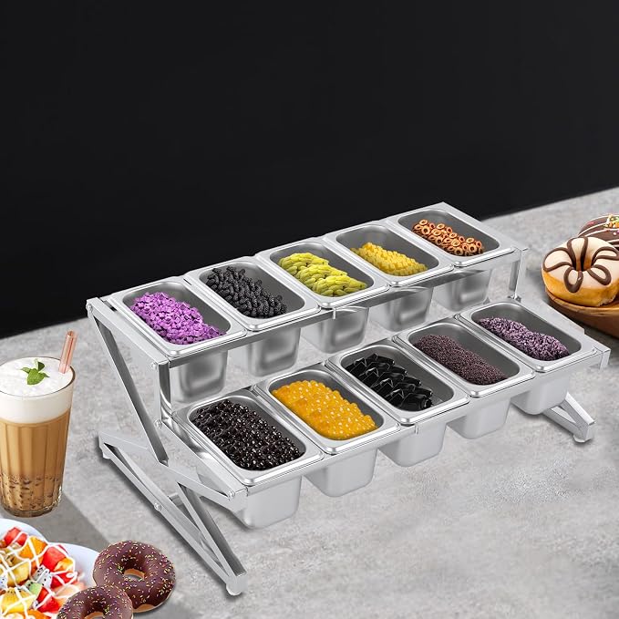 Expandable Stainless Steel Spice Rack Set,14"-25.6" Adjustable Countertop Seasoning Containers, 2-Tier Inclined Organizer Shelf w/ 10 1/9 Pans for Sauce Ingredients Fruits Toppings (10 Pans) - Image 3