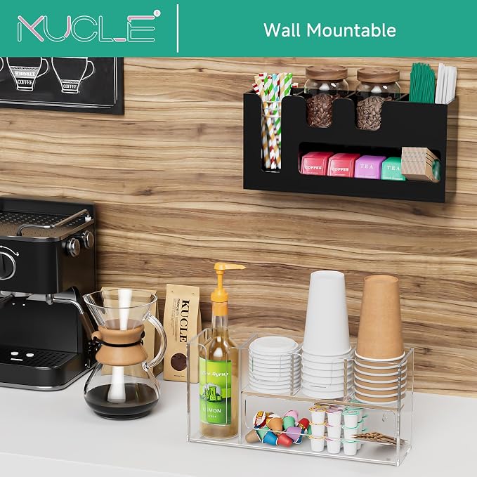 2-Tier Coffee Station Organizer for Countertop, 5 Compartments Black Acrylic Cup and Lid Holder Tea Condiment Storage Upright Coffee Bar Organizer Pod Dispenser for Office Breakroom Home Kitchen - Image 2