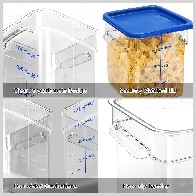 4 Pack Food Storage Containers with Blue Lids, 6.0 Qt - Square, Clear, Polycarbonate, for Restaurant Commercial Kitchen and Home party - Image 3