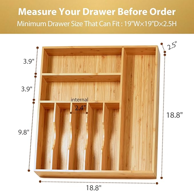 Large Kitchen Drawer Organizer, 19"x19" Silverware Utensils Organizer, 2.5" High for Large Deep Drawers, Bamboo Flatware Holder with Thick Frames, Sturdy Kitchen Organization Tray - Image 5
