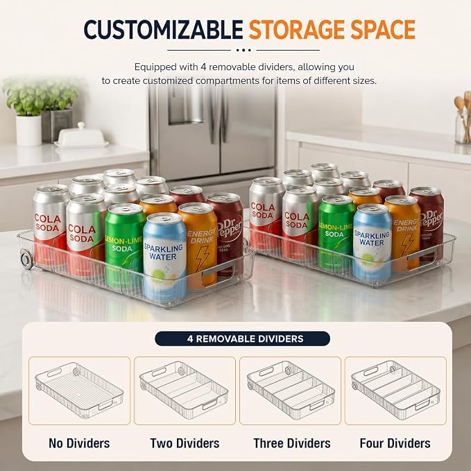 2 Pack Profile Fridge Organizer Bins with Wheels, 2.3'' Low Clear PET Roll Out Refrigerator Trays with 4 Dividers for Soda Cans, Drinks, Snacks and Pantry - Image 3
