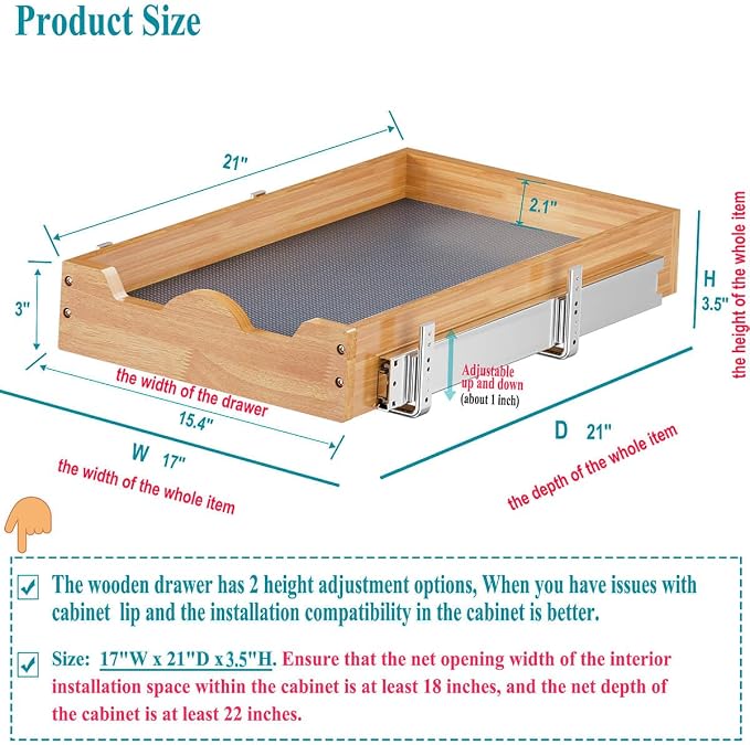 OCG 1 Tier Pull Out Cabinet Organizer (17"W x 21"D), Heavy-Duty Slide out Wood Drawer Shelf, Pull Out Drawer for Cabinets, Base Cabinet Organization for Kitchen, Pantry, Bathroom - Image 2
