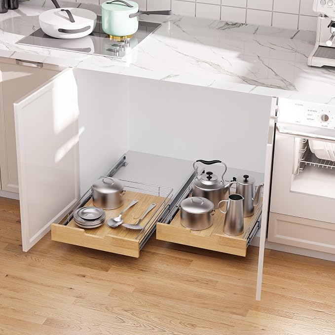 Sikarou Pull Out Cabinet Organizer 14"W x 21"D Wood and Wire Storage Shelf - Image 5