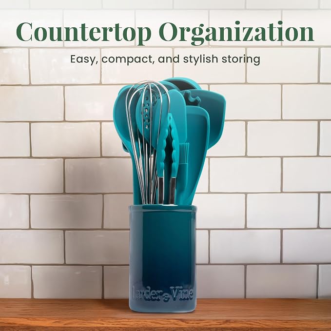 Larder & Vine 12-Piece Silicone Kitchen Cooking Utensils Set with Stainless Steel Handle and Ceramic Holder, Dishwasher Safe Set of Kitchen Essentials (Bondi) - Image 6