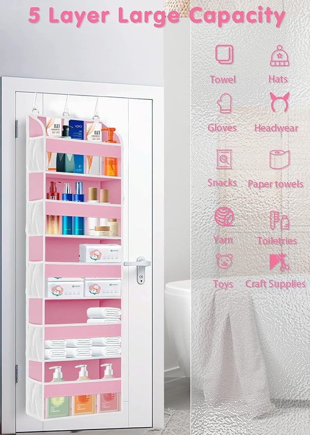 TAHAVICE Over the Door Organizer with Clear PVC Windows & 10 Mesh Pockets | 5-Tier Hanging Storage, Cute Closet Organizer for Makeup, Perfume, Toys, Perfect Pink Room Decor for Girl - Image 5