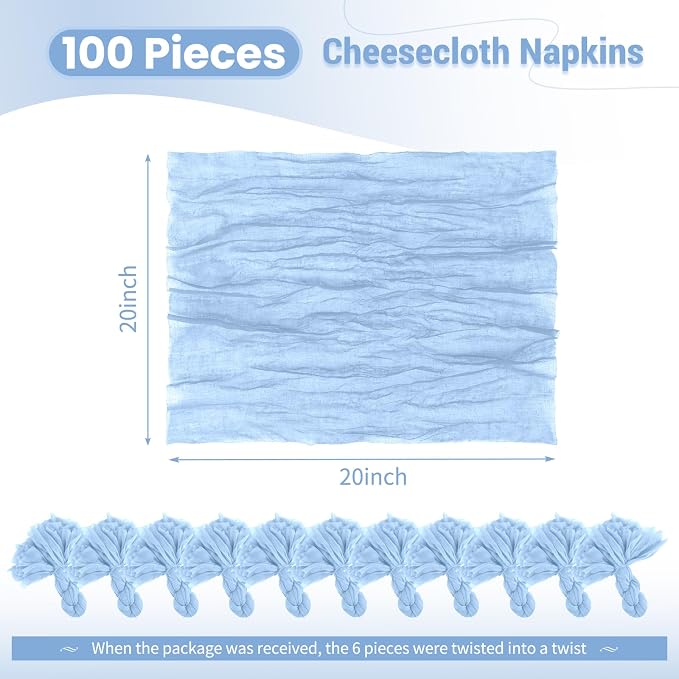 100 Pack Light Blue Napkins 20x20Inch Cheesecloth Napkins | Blue Elegant Cloth Napkins for Table, Washable Rustic Boho Gauze Napkins, for Wedding Party Bridal Baby Shower Dinner Decor - Image 2
