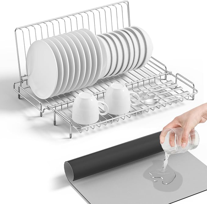 Small Dish Drying Rack Stainless Steel Collapsible | Foldable Rack Countertop with Drying Mat for Kitchen Dorm RV Campers Travel Trailer Space Saving by chilinii