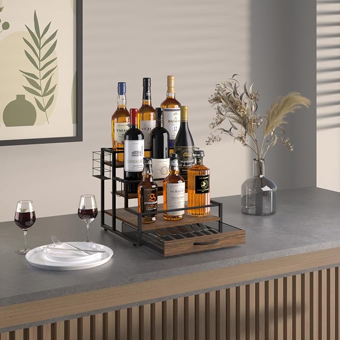 Coffee Syrup Organizer Rack, 4-Tier Stand with K-Cup Drawer & Side Hooks | All In One Holds 12 Syrup Bottles , 36 K-Cups Pump Use On-Shelf for Home Kitchen Pull-Out Drawer Side Basket For Mugs/Stirrer - Image 3