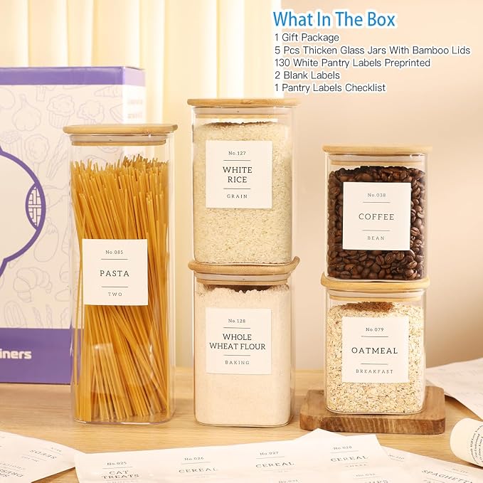 5 Pack Square Glass Pantry Storage Containers with 132 Kitchen Food Pantry Labels - Clear Glass Pantry Jars with Airtight Wood Bamboo Lids - Glass Canisters for Pasta, Cereal, Coffee, Flour, Sugar - Image 2