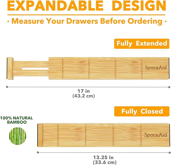 SpaceAid Bamboo Drawer Dividers with Inserts and Labels, Kitchen Adjustable Drawer Organizers, Expandable Organization for Home, Office, Dressers and Bathroom, 6 Dividers with 12 Inserts (13.25-17 in) - Image 6