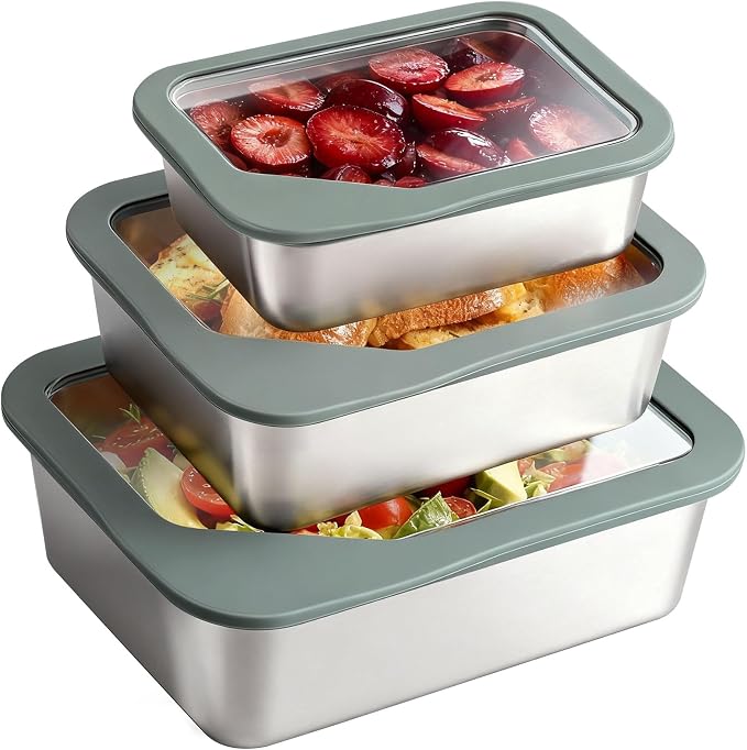 Greentainer Stainless Steel Food Storage Containers with Lids, Set of 3 (24+44+74 oz), Leak-Proof & Airtight Meal Prep Container, Nested Reusable Lunch Boxes for Sandwiches, Snacks & Leftovers by Greentainer