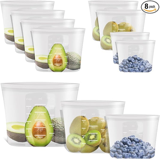 100% Platinum Silicone Reusable Food Storage Bags, 8 Pack (4M + 2S + 2XS) | Premium Silicone Reusable Storage Bag, Stand-Up Wide-Mouth Ziplock, Various Sizes, Freezer Microwave Dishwasher Safe, Clear by Annaklin