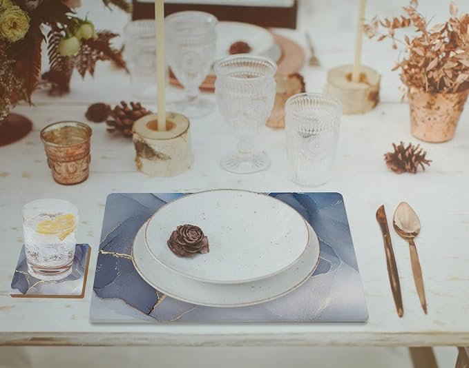 Set of 4 Heat Resistant Cork Placemats for Dining Table with Free Set of 4 Matching Drink Coasters Marble Design 16 x 12 Inches Cork Backed Hard Placemats (Blue & Gold) - Image 8