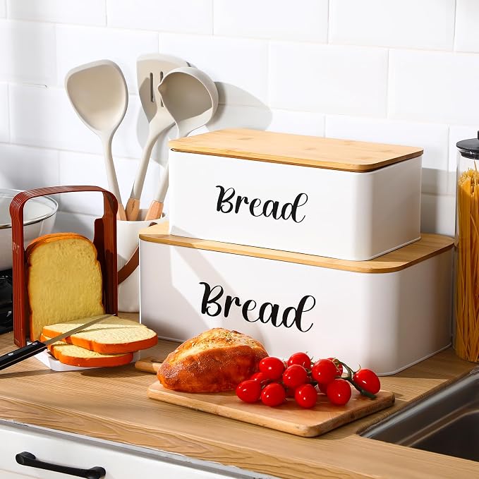 Teenyyou 2 Pcs Extra Large Bread Box with Slicer, Metal Bread Storage Container with Bamboo Cutting Board Lids, 2 Sizes Farmhouse Breadbox Set for Kitchen Countertop(White) - Image 6
