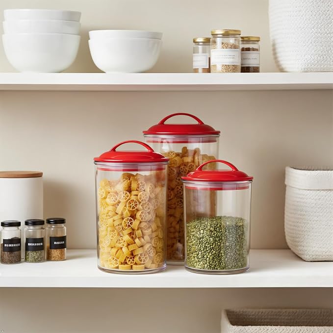 Food Storage Containers, BPA Free Airtight Canisters for Cereal, Pasta, Sugar, Coffee, Flour, Cookies, Loose Tea, for Kitchen Organization, Set of 3 by Reston Lloyd, Red - Image 3
