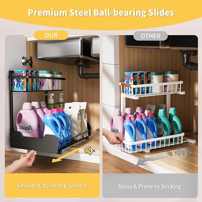Under Sink Organizer, 2-Tier L-Shaped Pull Out Cabinet Shelf with 2 Installation Methods, Adjustable Sliding Storage Drawer for Kitchen, Bathroom, Laundry, Metal, Black, 2-Pack - Image 3