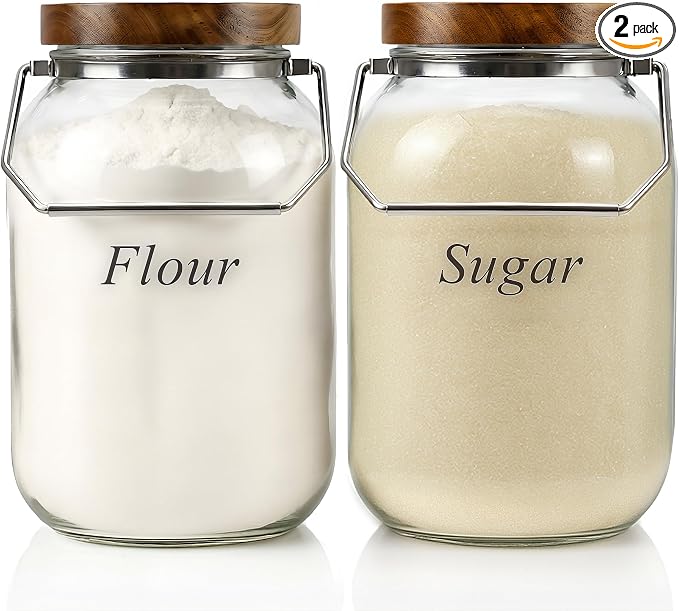 2 Pack Glass Flour Sugar Storage Containers with Handle, 1 Gallon Glass Jars with Airtight Lid, Wide Mouth Large Mason Jars 128oz for Rice, Pasta, Oats, Coffee Storage by YoenKtss