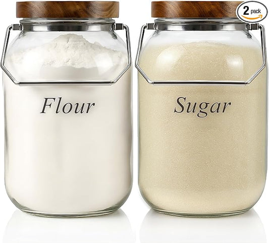 2 Pack Glass Flour Sugar Storage Containers with Handle, 1 Gallon Glass Jars with Airtight Lid, Wide Mouth Large Mason Jars 128oz for Rice, Pasta, Oats, Coffee Storage by YoenKtss