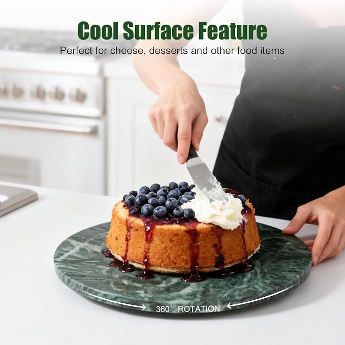 12" Marble Lazy Susan Turntable - 100% Natural Stone Round Serving Tray with Silent Spinning, Revolving Cake Stand & Cheese Board for Kitchen Countertop, Cupcake Table Display, Food, Seasoning (Green) - Image 4