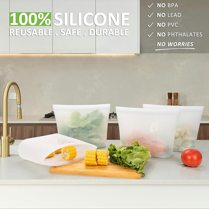 Reusable Food Storage Bags Half-Gallon, 4 Pack 100% Silicone Food Storage Bags Stand-Up Wide-Mouth Zip-Lock for Large Items, 67 fl.oz/2000 ml, Freezer Microwave Oven Dishwasher Safe, Translucent - Image 2