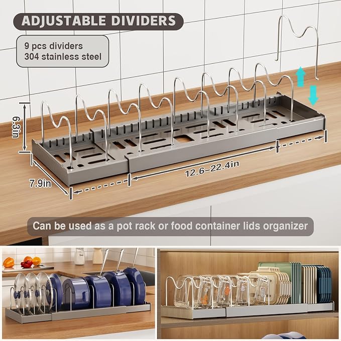 Magheo Expandable Food Storage Container Lid Organizers, 22" Pots and Pans Organizer Under Cabinet with 9 Adjustable Dividers Pot and Pan Lid Holders Rack Inside Cabinet(Gray,1 Pack) - Image 2