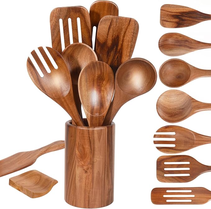 MYRAINBOW Wooden Spoons for Cooking, 10-Piece Teak Wooden Cooking Utensil Set with Holder, Nonstick, Heat Resistant Kitchen Utensils, Durable Wooden Cooking Spoons, Kitchen Cooking Gifts for Women Men by Myrainbow