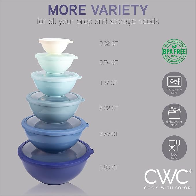 COOK WITH COLOR Mixing Bowls with TPR Lids - 12 Piece Plastic Nesting Bowls Set includes 6 Prep Bowls and 6 Lids, Microwave Safe (Blue) - Image 4