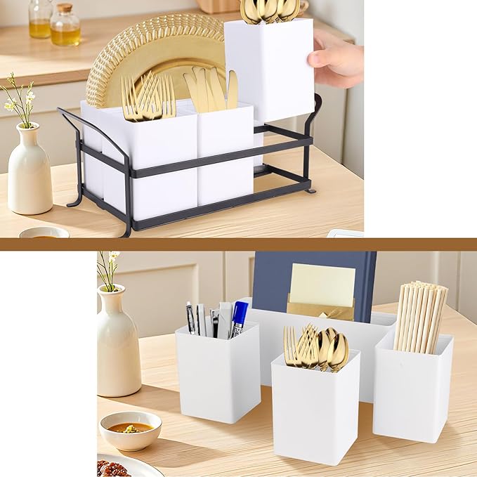 Silverware Caddy Metal Utensil Holder for Party Countertop Silverware Utensil Caddy Cutlery Flatware Organizer for Spoons Forks Plates Napkins white&Black - Image 3