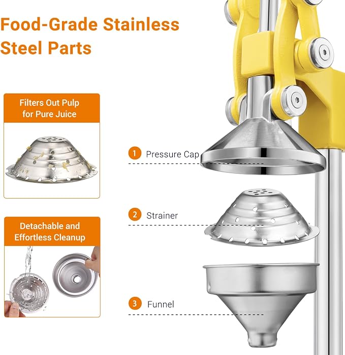 TONGCHANT Cast Iron Manual Juicer for Orange Lemon Lime Pomegranate &Citrus | Heavy Duty Orange Juicer Squeezer, Hand Press Juicer, Citrus Press, Stainless Steel Cup, Easy to Clean, Yellow - Image 3
