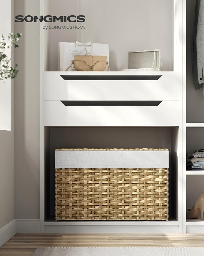 SONGMICS Storage Basket with Lid, Woven Blanket Storage Bin with Handles, Foldable, Removable Liner, Metal Frame, for Bedroom, Laundry Room, 27.7 Gallons (105 L), Natural URST066N01 - Image 2