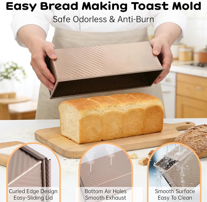 2 Pcs Pullman Loaf Pan with Lid, 2.2LB & 1LB Non-Stick Bread Pan, Carbon Steel Loaf Pans with Silicone Spatula & Oil Brush, Baking Pans Set for Homemade Bread, Square Toast Mold for Sourdough Bakeware - Image 4