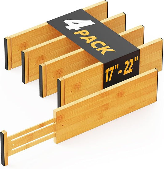 SpaceAid Bamboo 4 Pack Dresser Drawer Dividers, 4.65“ High Adjustable 17“-22” Drawer Organizers, Expandable Organization for Clothing, Clothes, Dressers, Natural by SpaceAid
