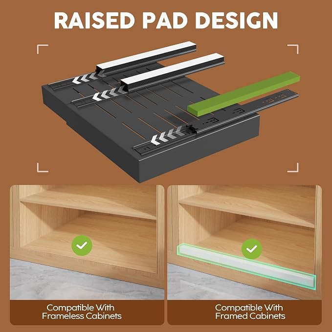 Seinloes 4 Pack Expandable Width (15.15"-26.3") Pull Out Cabinet Organizer 21" Deep with Raising Pad for Framed Cabinets, Upgrade 3 Slide Rails Slide Out Drawers, Roll Out Shelves Adhesive, Black - Image 2