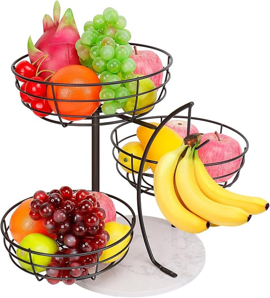 Livabber Fruit Basket Bowl with Banana Hanger, Metal Fruit Vegetable Storage Basket with Banana Holder for Kitchen Counter, Detachable Organizer for Bread Snack Produce (Black, 3-Tier Marble Base) by Livabber
