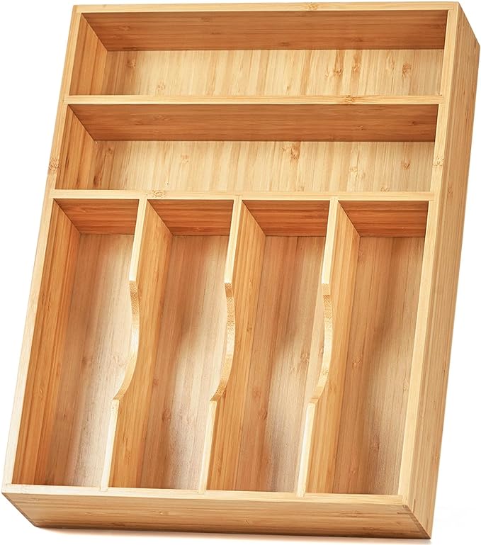 Kitchen Drawer Organizer, 12 Inch Silverware Utensil Tray Holder, Extra Deep, with Non-Slip Feet & Grooved Drawer Divider, 6 Slots Total Bamboo Wood Caddy for Flatware Cutlery Knives by Umilife
