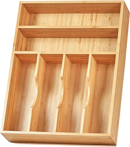 Kitchen Drawer Organizer, 12 Inch Silverware Utensil Tray Holder, Extra Deep, with Non-Slip Feet & Grooved Drawer Divider, 6 Slots Total Bamboo Wood Caddy for Flatware Cutlery Knives by Umilife
