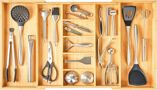 Extra Large Expandable Kitchen Drawer Organizer for Utensil and Junk, 19" Deep for Big Drawer, 19" to 33" Adjustable Bamboo Wood Drawer Divider, Cutlery Tray, Flatware Holder by Umilife