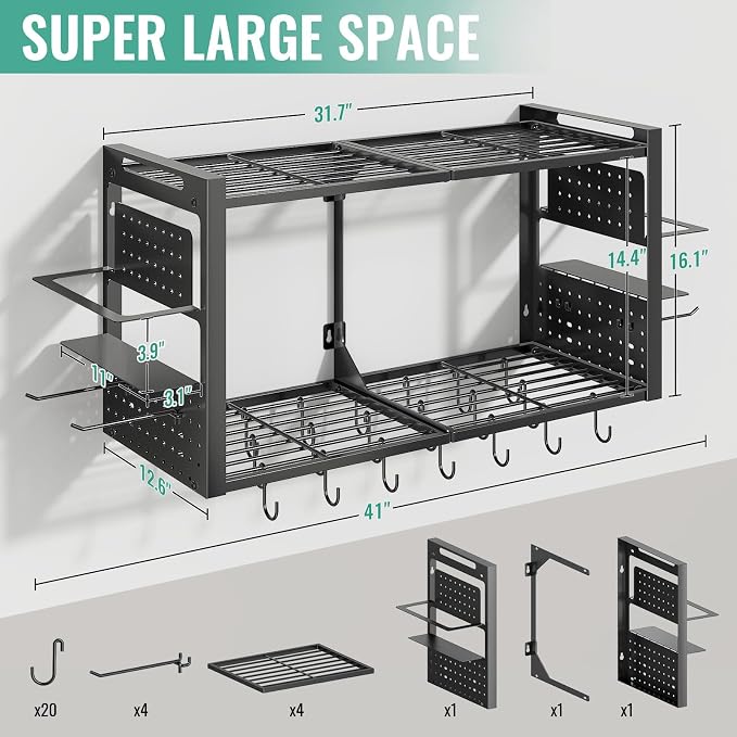 31" Wall Mounted 2-Tier Pot Rack, Kitchen Cookware Spice Utensil Organizer | With 20 hooks, pan organizer and spice rack. Solid frame neatly holds cookware, stock pots, pans and kitchen utensils. - Image 2