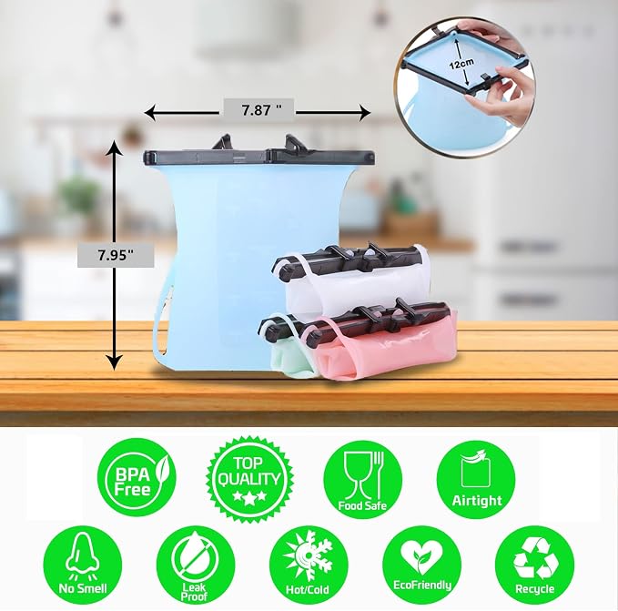 Reusable Food Storage Leakproof Silicone Snap Bags Stand-Up Silicone Food Bag 6 Cups (50 Oz) Microwavable Freezer and Dishwasher Safe Odorless Easy Clean and Dry Ziplock Alternatives (Random Color) - Image 6