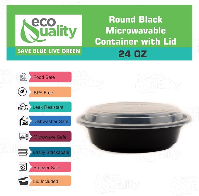 24 oz Plastic Meal Prep Containers with Lids - Round Food Storage Container Microwave Safe - BPA-Free, Stackable, Reusable, Dishwasher, Freezer Safe, Disposable (Black) (150) - Image 2