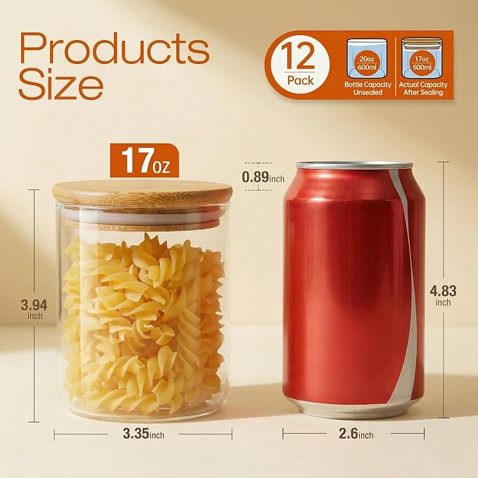 17 oz Glass Jars with Bamboo Lids, Airtight Food Storage Containers, 12Pack | Round Small Pantry Jars for Spices, Nuts & Seeds , 3mm Borosilicate Glass Canisters Keep Food Fresh, Easy to Fill & Clean - Image 3