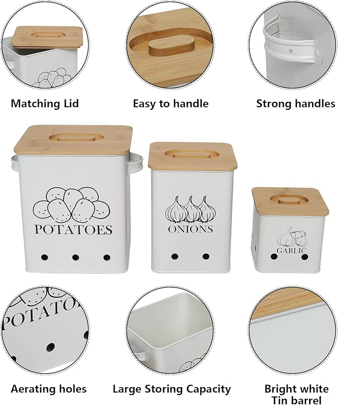 Kitchen Canisters Set, Storage Bin for Potato Onion & Garlic, 3 Pack Set Countertop Pots Containers with Wooden Lid - Potato Storage, Garlic Bin, Onion Keeper Tin with Aerating Holes-White - Image 2