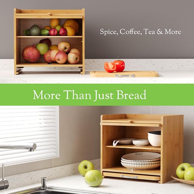 Bamboo Bread Box, Double Layer, Cutting Board, Kitchen, Natural | See-Inside Acrylic, Magnetic Closure, Countertop Bread, Fruit, Tea, Coffee Storage, Rear Vents Stay Fresh, Adjustable Shelf - Image 5