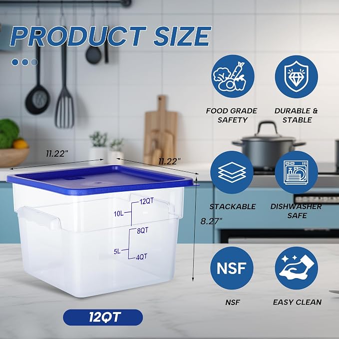 4 Pack 12QT Square Food Storage Containers with Lids | Clear NSF polycarbonate containers with scale, label and measuring cup, stackable for prep, storage, freezer. Dishwasher safe - Image 3