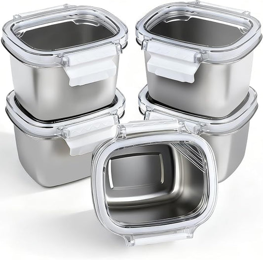 3 Piece 450ml/15.25oz Stainless Steel Containers with Lids | Food Storage Containers Leakproof Lunch Small Snack Boxs, Reusable Meal Prep Containers Suitable for Dips, Condiments, Snacks by EKACO