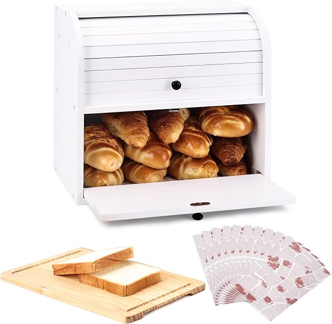 Alpeir Roll Top Bread Box with Cutting Board for Kitchen Countertop, White | Large Breadbox with Ventilation Holes, Double Layer Pantry Shelf, Wooden Homemade Bread Storage Container, Vintage Farmhouse by AlpeirDirect