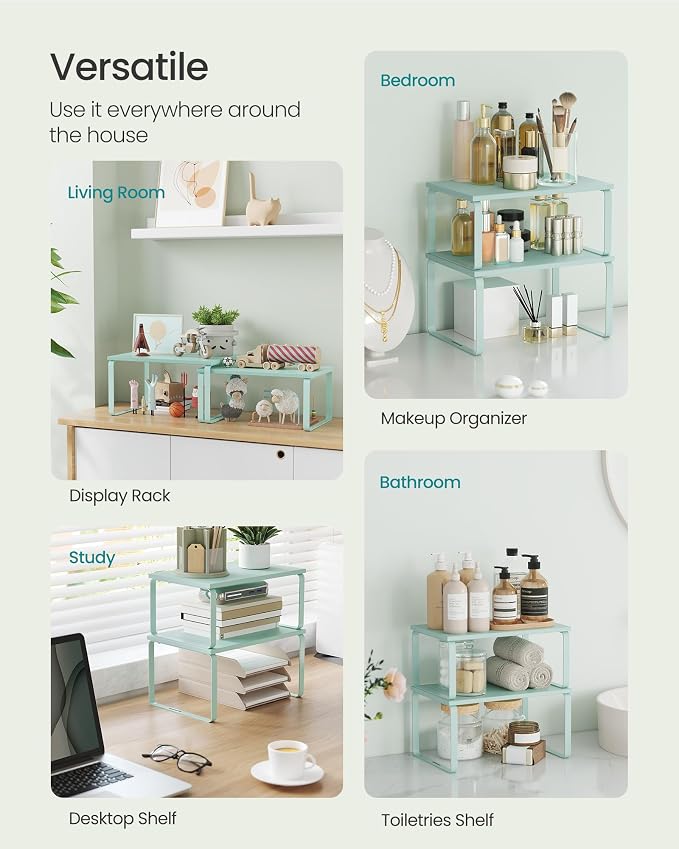 SONGMICS Cabinet Organizer Shelf, Set of 2 Kitchen Counter Shelves, Kitchen Storage, Spice Rack, Stackable, Expandable, Metal and Engineered Wood, 11.7 Inches, Moonlight Green UKCS002C01 - Image 5