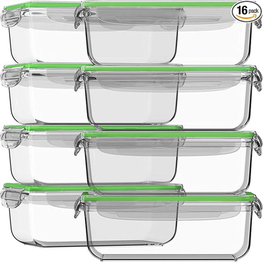 Razab 16 Pc (Set of 8) 30 Oz Glass Meal Prep Containers with Lids, Airtight Large Glass Food Storage Containers, Reusable Leak Proof BPA Free, Freezer to Oven and Dishwasher Safe by RazabHomeGoods