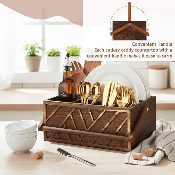 LemonRoad 13 Inch Rustic Silverware Caddy with Handle Wooden Flatware Utensil Holder Paper Plate and Silverware Caddy Organizer Cutlery Holder for Kitchen Countertop Picnic Cups Forks Napkins(Brown) - Image 4
