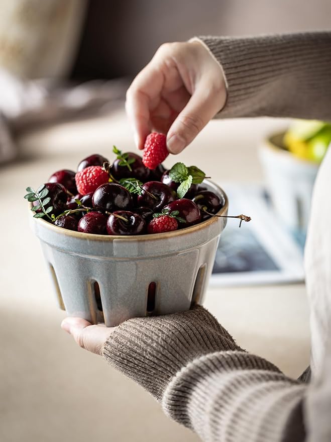 Gomakren Ceramic Berry Bowl Set of 2, Fruit Containers for Fridge, Gray | Drain Holes Keep Berries Fresh, Stackable, Wash & Serve | 5.8In Round Strawberry Grape Cherry Basket, Farmhouse Kitchen Decor - Image 7